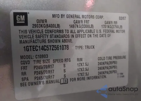 2007 GMC Sierra 1500 Work Truck z USA, uszkodzony, nr VIN 1GTEC14C57Z561078